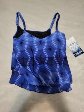 NWT Gabar Hydrofinity Blouson Tankini Swim Top - Aqua Prisms Blue, Size 8